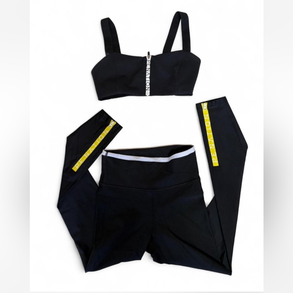 P.E Nation Black Sports Bra & Leggings Set with Yellow Accents